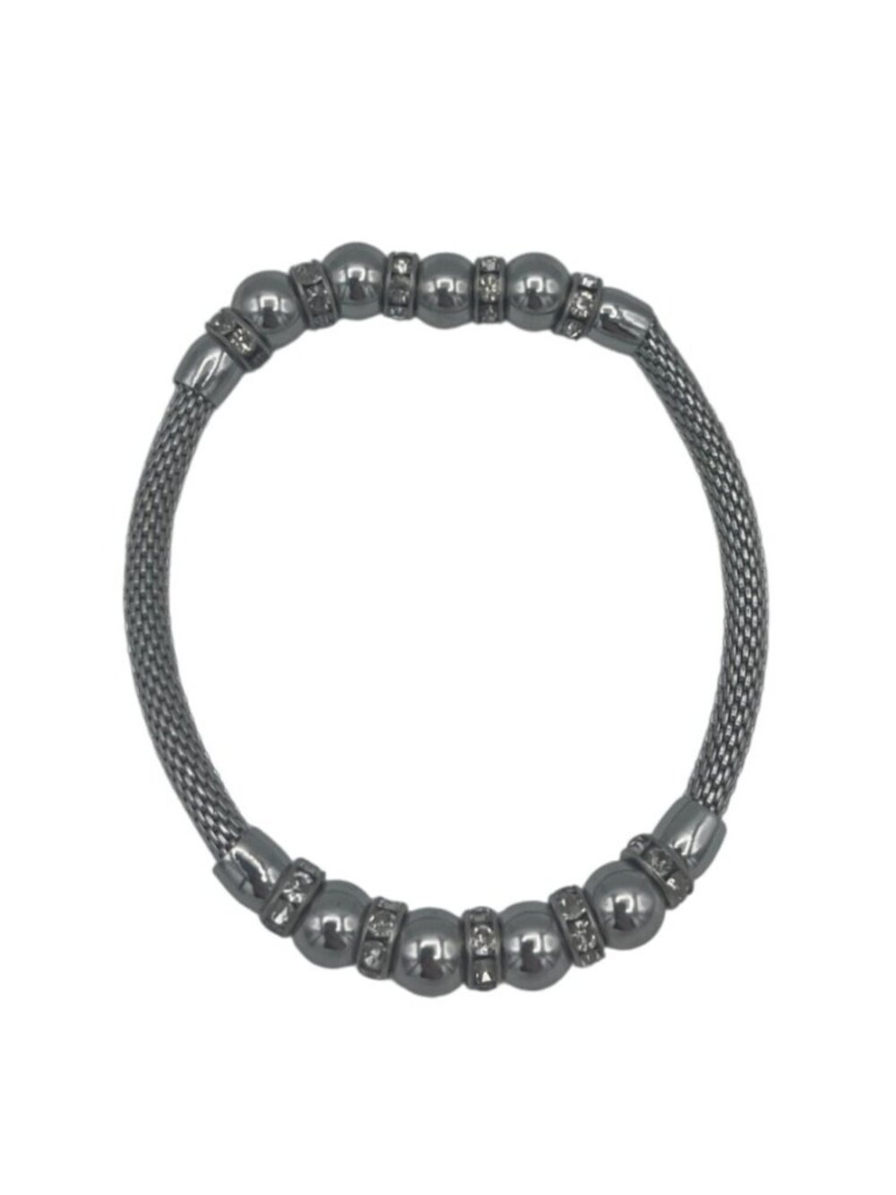 Mesh Beaded Stretch Bracelet Silver-Tone Rhinestones 7-Inch Round